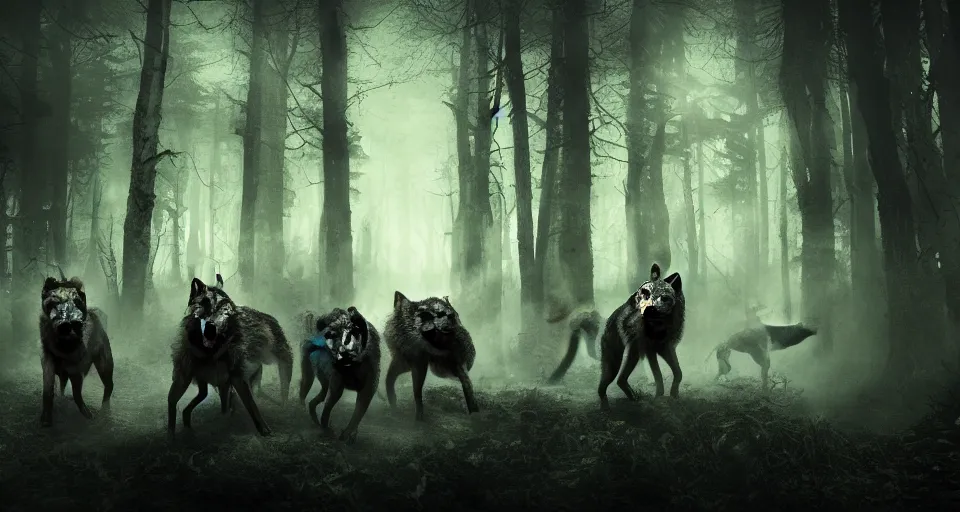 Image similar to an epic action concept masterpiece of a rabid wolfpack, in a forest made of nightmares, inspired by sd ai. horrific digital art, extremely moody lighting