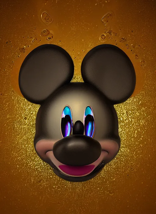 Image similar to mickey mouse head, fractal, broken, wet, mycelium, radiant alien, rococo, baroque, automotive, bio-mechanical, porcelain, iridescent sub surface scattering, octane render