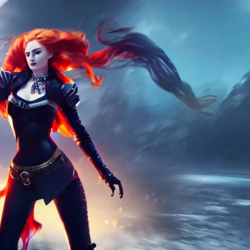 Image similar to an action shot centered on Sophie turner as Miss Fortune in League of Legends, 4K, cinema, imax, hyperreal