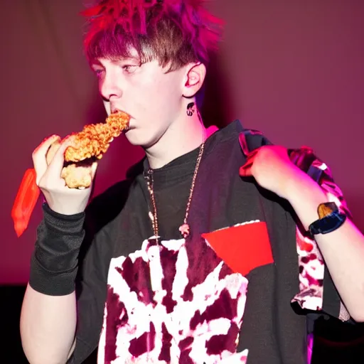 Image similar to bladee eating kfc chicken on stage at the drain gang concert