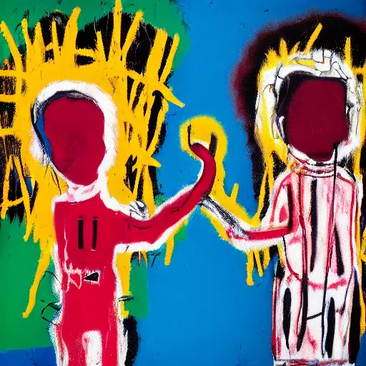 Image similar to a photograph of two girls holding hands while watching the world burn, done in the style of basquiat, akseli gallen kallela, highly detailed, 4 k