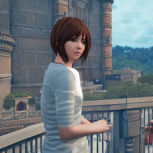 Prompt: A 3D render of Max Caulfield on the balcony of a castle