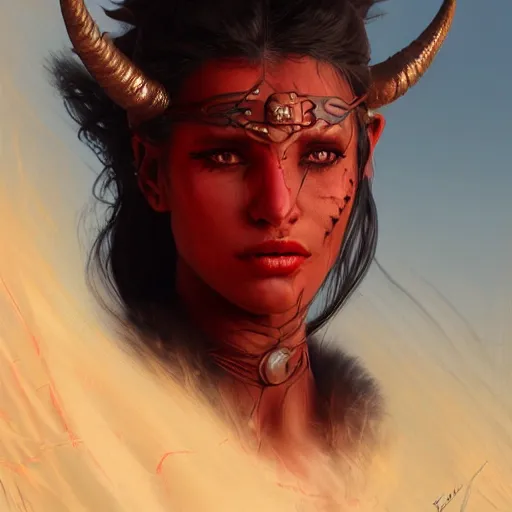 Image similar to portrait of a female berber tiefling, red skin, devil horns, black hair, ponytail, steel chestplate, in a desert, fantasy, intricate, elegant, highly detailed, digital painting, artstation, concept art, character art, smooth, sharp focus, illustration, art by greg rutkowski and alphonse mucha