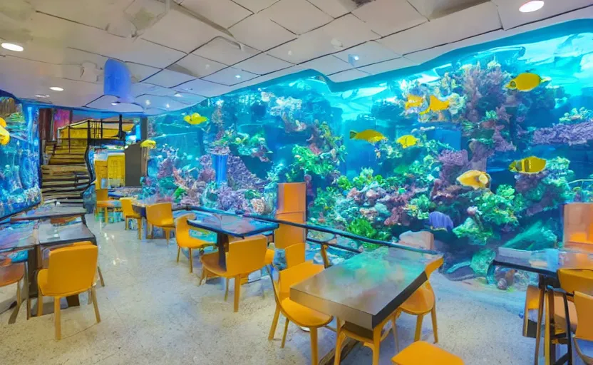 Image similar to inside a fastfood fish restaurant, fluorescent light, bright, atlantis theme, an aquarium at the wall, at the end is a giant door with stairs in front of it