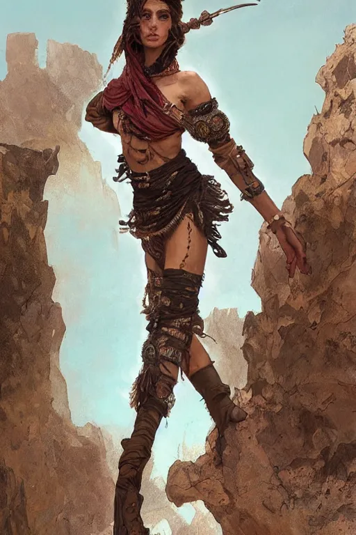 Image similar to a full body portrait of a beautiful post apocalyptic offworld desert bedouin thief savage rogue in beggars clothes in ballet pose by the emerald oasis pools, intricate, elegant, highly detailed, digital painting, artstation, concept art, smooth, sharp focus, illustration, art by krenz cushart and artem demura and alphonse mucha