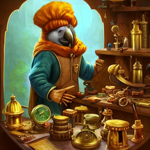 Prompt: Anthropomorphized parrot trader in his shop, selling his wares, portrait, items, gold, magic potions, carpet, window, sly expression , cunning expression, cute expression, long thick shiny gold beak, presenting wares, D&D, fantasy, cinematic lighting, highly detailed, digital painting, artstation, concept art, smooth, sharp focus, illustration, warm light, cozy warm tint, magic the gathering artwork, volumetric lighting, 8k, art by Akihiko Yoshida, Greg Rutkowski