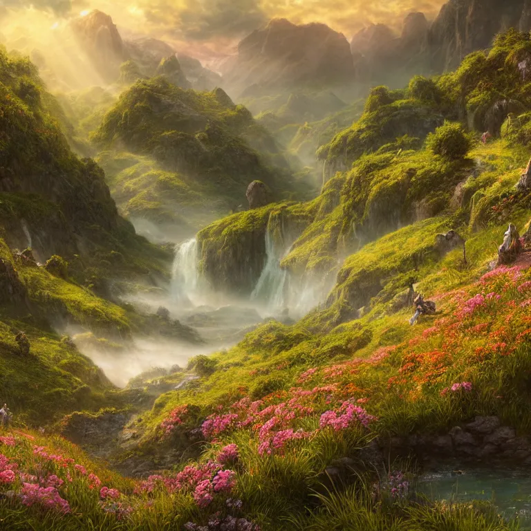 Prompt: a lord of the rings scenery landscape, vast lush valley flowers, stream, sunrise, god's rays highly detailed, vivid colour, soft clouds, floral sunset, cinematic lighting, perfect composition, 8 k, gustave dore, derek zabrocki, greg rutkowski, belsinski, octane render