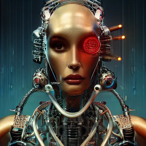 Prompt: 3 / 4 portrait of cybernetic chicken wearing epic bionic cyborg implants, wires, tubes, biomechanical details, super model, prismatic highlights, depth of field, cinematic, macro, concept art, 5 0 mm, artstation, digital painting, elegant, focus, octane render, ray tracing, by karol bak