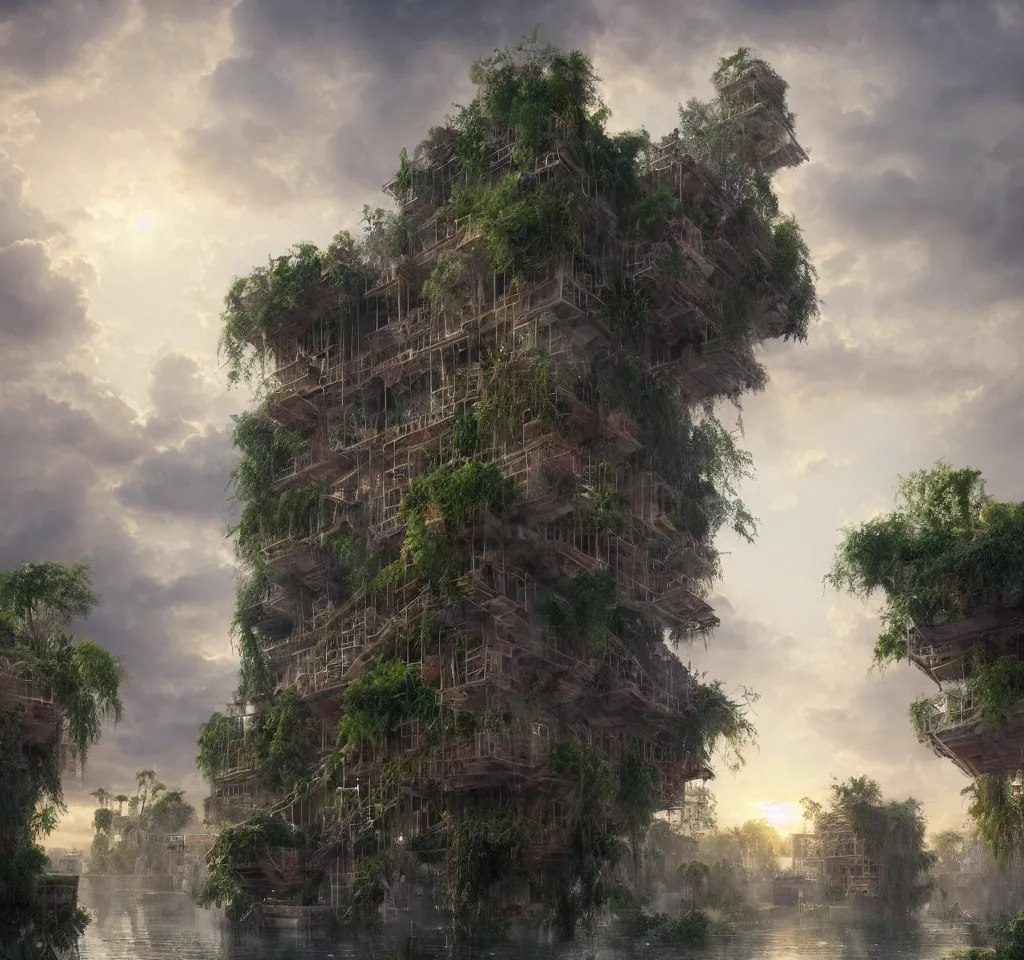 Prompt: 3 d render of the hanging gardens of babylon by greg rutkowski, waterfals, reflective water, cgsociety, hyperdetailed, dramatic, epic painting, sunset clouds, 8 k