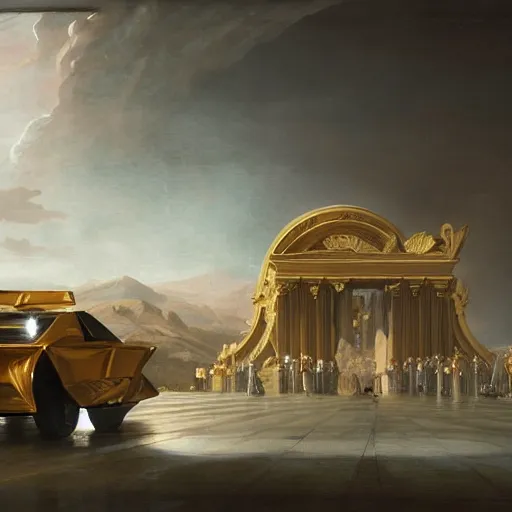 Image similar to sci-fi car dynamic organic forms structure car and wall structure in the coronation of napoleon painting by Jacques-Louis David ceramic cloudy plastic material shiny gloss water reflections search pinterest keyshot product render 4k