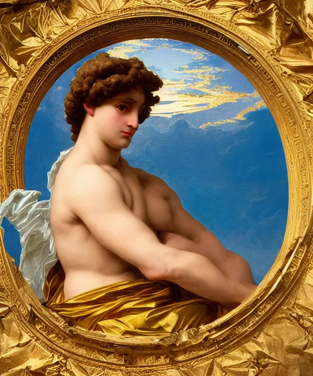 Image similar to a beautifully high detail, intricate, clear detailed portrait of a close up of zeus with an construction hat golden in teal curtain at beautiful sunset daytime nature sunlit nebula background painting by frederic leighton and rosetti, 8 k