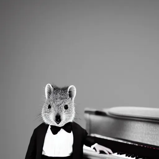 Image similar to a quokka playing on a grand piano, wearing a tuxedo, black and white soft light photograph