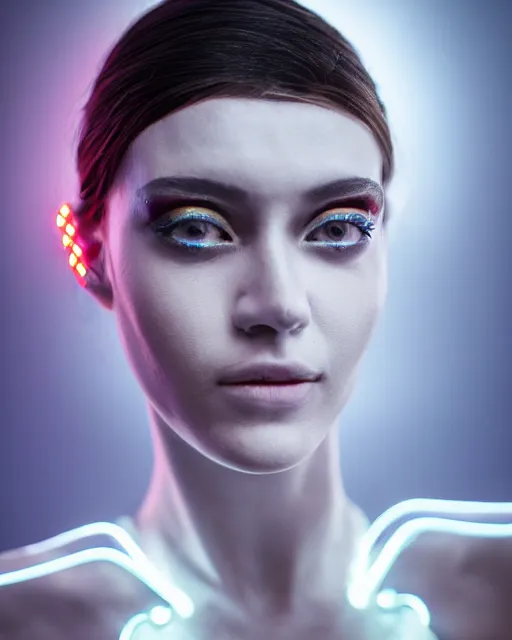 Image similar to close up photo portrait of female dancer with cyberpunk robotic mechanic implants with linear bright led lights over face and neck, inside white room, ultra - realistic and detailed, 8 k