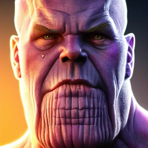 Image similar to thanos face hyperrealistic portrait, photo realistic, poster, artstation, volumetric lighting, digital art, very detailed face by magali villeneuve