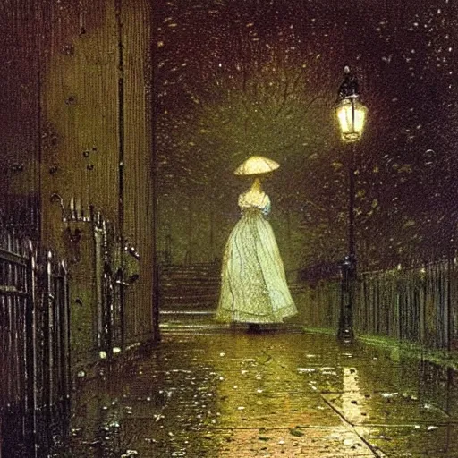 Image similar to oil painting of a Victorian woman in the rain walking away, dreamy and detailed, by John Atkinson Grimshaw