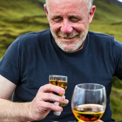 Prompt: a man on the island of skye drinking whisky