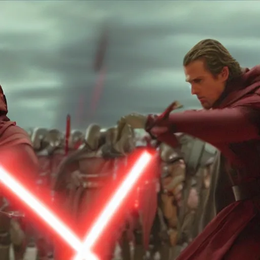 Image similar to battle of the heroes, dramatic composition, bloom, post processing, movie still from revenge of the sith