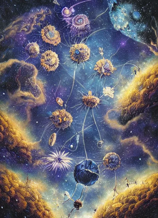 Image similar to detailed, intricate blue black and purple papaverum flower on the field, nebula, galaxy in the sky, winning award masterpiece, fantastically beautiful, illustration, aestheticly inspired, jacek yerka, upscale with anguissola sofonisba work, artstation, 8 k