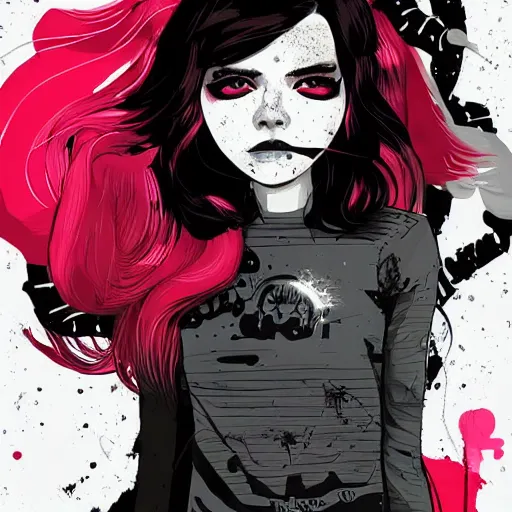 Image similar to Highly detailed portrait of pretty punk zombie young lady with, freckles and beautiful hair by Atey Ghailan, by Loish, by Bryan Lee O'Malley, by Cliff Chiang, inspired by image comics, inspired by graphic novel cover art, inspired by izombie, inspired by scott pilgrim !! Gradient red, black and white color scheme ((grafitti tag brick wall background)), trending on artstation