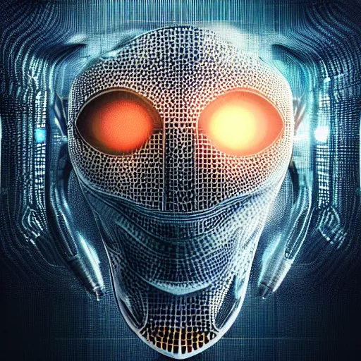 Image similar to an insanely detailed cibernetic artwork of a futuristic artificial intelligence superstar, extremely detailed water texture, centered image, perfectly symmetrical alien face, with frames made of detailed fractals, octane render, 4k, insanely detailed, detailed grid as background, photorealistic digital art, sunset colors, cgi