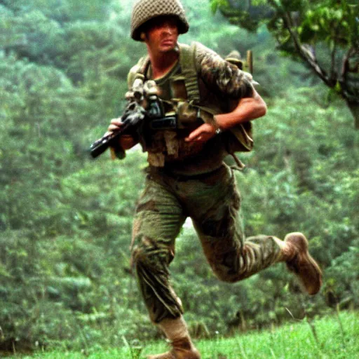 Prompt: soldier running around jungle bases, far shot, 1 9 8 7, movie still