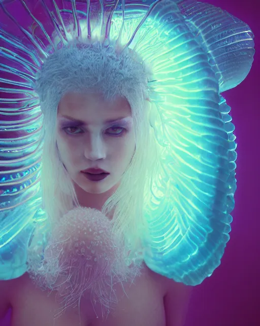 Image similar to natural light, soft focus portrait of a cyberpunk anthropomorphic jellyfish with soft synthetic pink skin, blue bioluminescent plastics, smooth shiny metal, elaborate ornate head piece, piercings, skin textures, by annie leibovitz, paul lehr