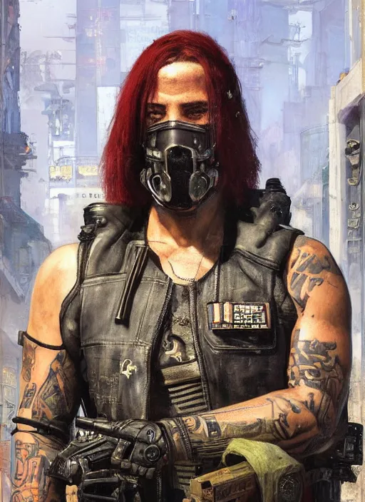 Image similar to big mike. cyberpunk mercenary with tattoos wearing a military vest and combat gear. (Cyberpunk 2077, bladerunner 2049). Iranian orientalist portrait by john william waterhouse and Edwin Longsden Long and Theodore Ralli and Nasreddine Dinet, oil on canvas. Cinematic, hyper realism, realistic proportions, dramatic lighting, high detail 4k