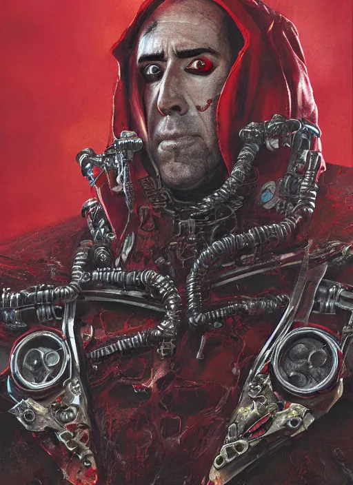 Image similar to portrait of rotten Nicolas Cage as adeptus mechanicus in red hood and robe from Warhammer 40000. Highly detailed, artstation, illustration by and John Blanche and zdislav beksinski and wayne barlowe