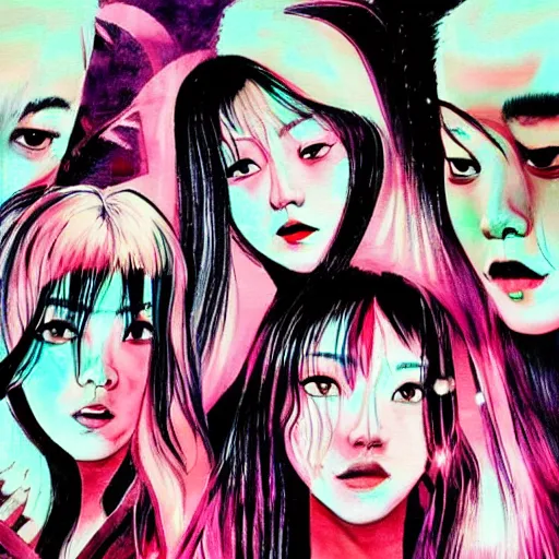 Prompt: BLACKPINK K-pop band painted in style of Juni Ito