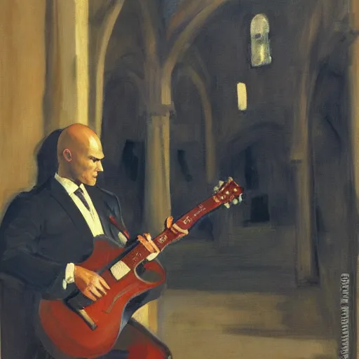 Image similar to a portrait of agent 4 7 from hitman playing a guitar in a monestary, by gregory manchess, james gurney, james jean