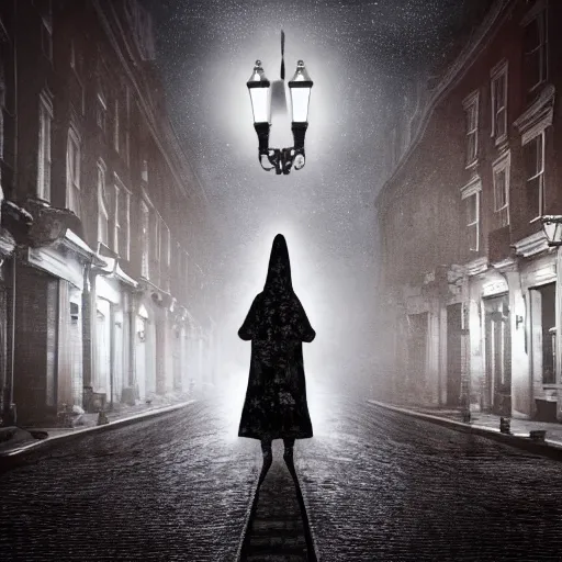 Image similar to terrifying alien creature walking through the center of old london city late at night, lamp lit street, oil painting, gloomy misty atmosphere, symmetrical, full body image, highly ornate intricate details, very sharp photo,