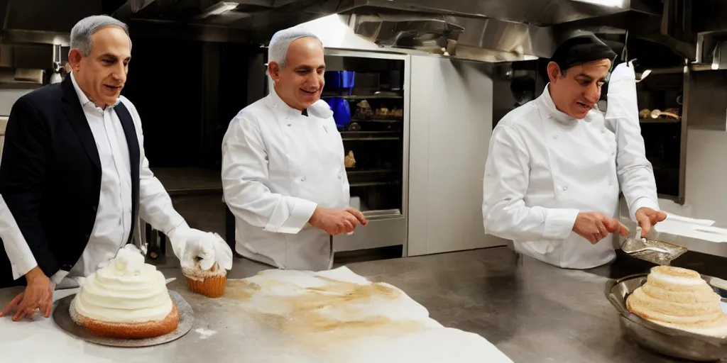 Prompt: portrait of Benjamin Netanyahu baking a wedding cake