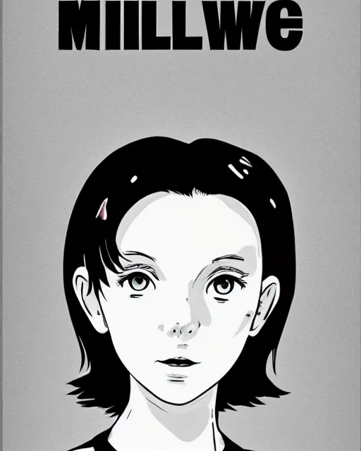 Image similar to Millie Bobby Brown in a black and white anime poster