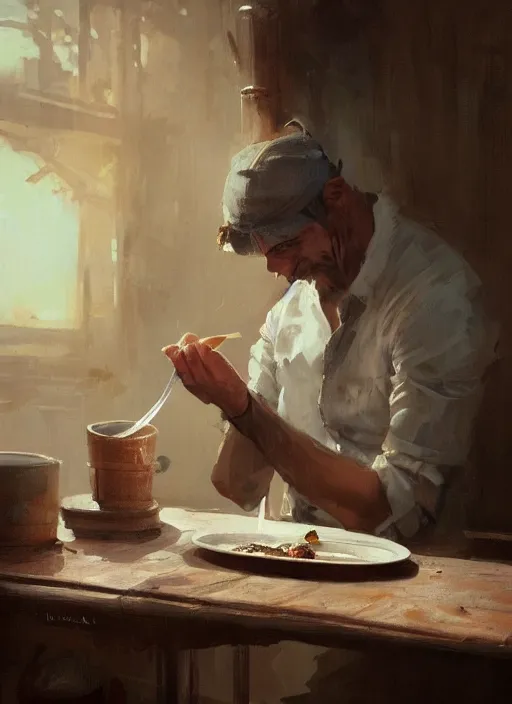 Image similar to last drop of water on the plate, a man holding fork and knife on ot, by greg rutkowski, trending on artstation, masterpiece