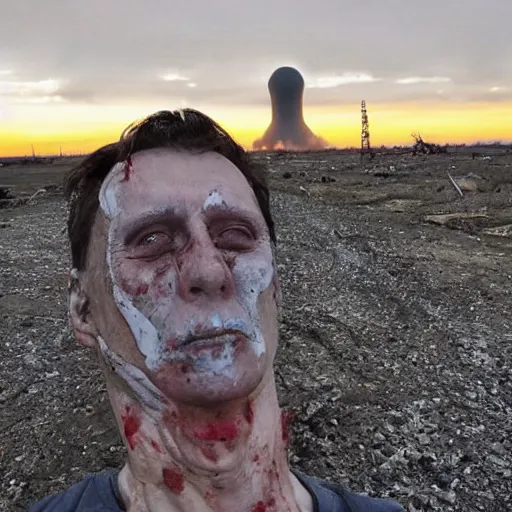 Image similar to last selfie of last alive funny scared ukrainian very damaged body to bones, bleeding crawling from nuclear rockets and nuke explossions, big nuclear explosion and nuke missles at background getting close,