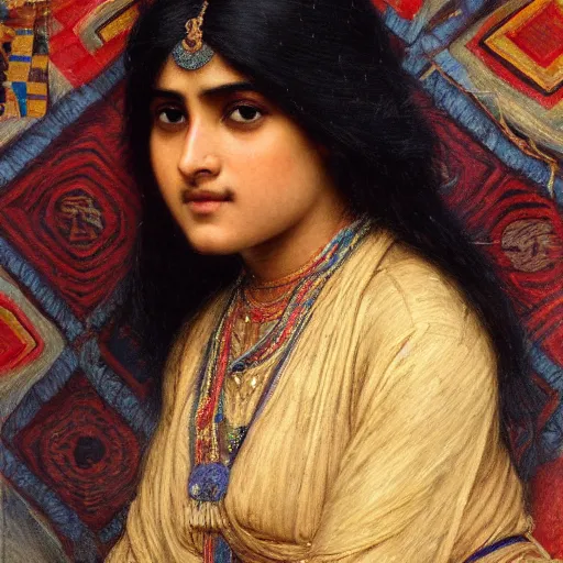 Image similar to orientalist portrait of an indian woman with thick black bangs selling carpets at market intricate artwork by john william waterhouse and Edwin Longsden Long and Theodore Ralli and Henryk Siemiradzki. trending on artstation, very coherent symmetrical artwork high detail 8k