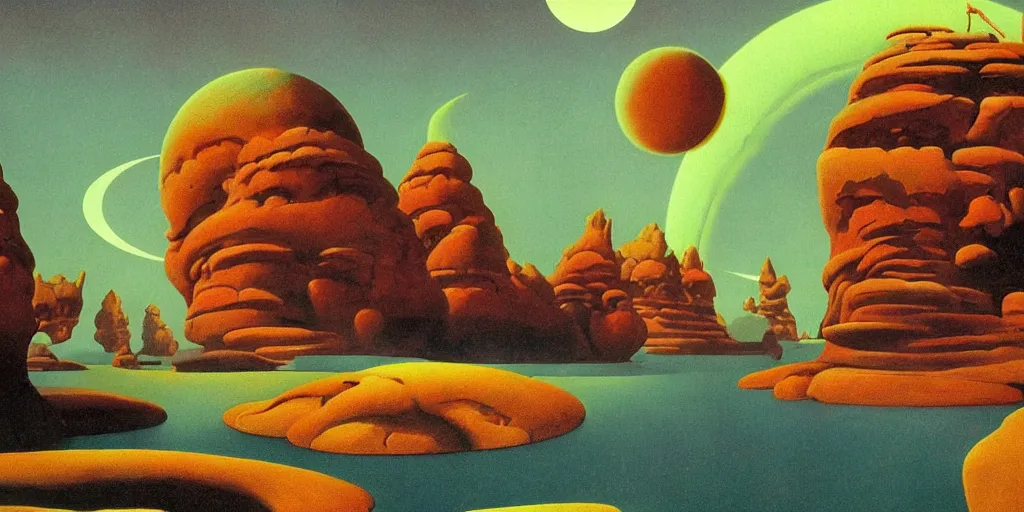 Image similar to extraterrestrial landscape, harmony, by roger dean