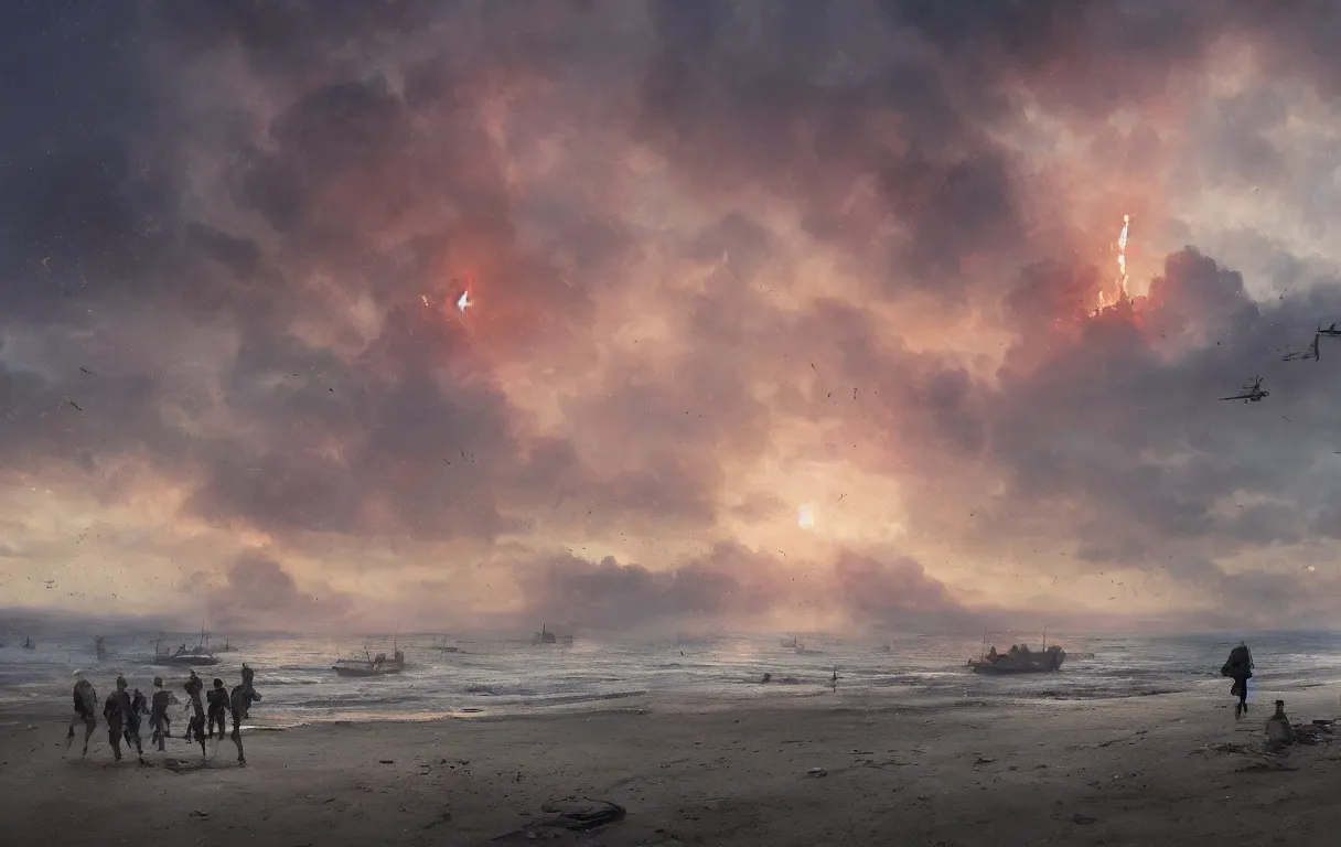 Prompt: A digital painting of Normandy's beach, 1945, by Ismail Inceoglu and Caspar David Friedrich, stunning, photorealistic, highly-detailed, bombs, fire, smoke, devastation, 4k, ue5, light effect, rtx on, realistic, cinematic, IMAX quality, trending on artstation