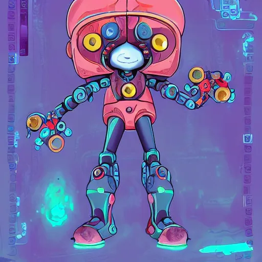 Image similar to official character sheets for an adorable new sea angel biomech suit, digital screen robot face, wearing an oversized sweater, covered in coral, art by tim schafer black velvetopia art for psychonauts from double fine studios, art by splatoon from nintendo, black light rave, adult character, apocalypse