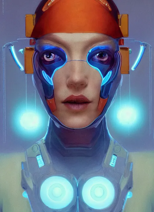 Image similar to ( symmetry ) closeup portrait of a cyborg female scientist, visor, cinematic light, backlight glow, teal orange, mist, by gerald brom, by mikhail vrubel, by peter elson, muted colors, extreme detail, trending on artstation, 8 k