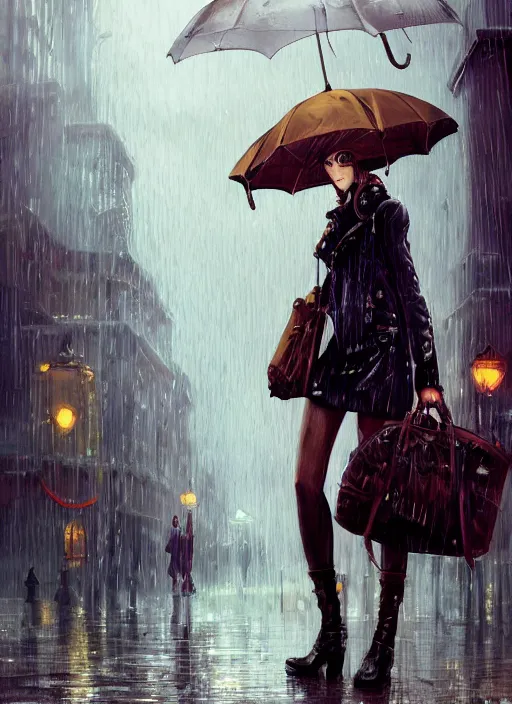 Image similar to girl, steampunk, goggles, pilot, standing in the rain with an umbrella, wet, raindrops, reflections, detailed city background, portait, made by stanley artgerm lau, wlop, rossdraws, james jean, andrei riabovitchev, marc simonetti, yoshitaka amano, artstation