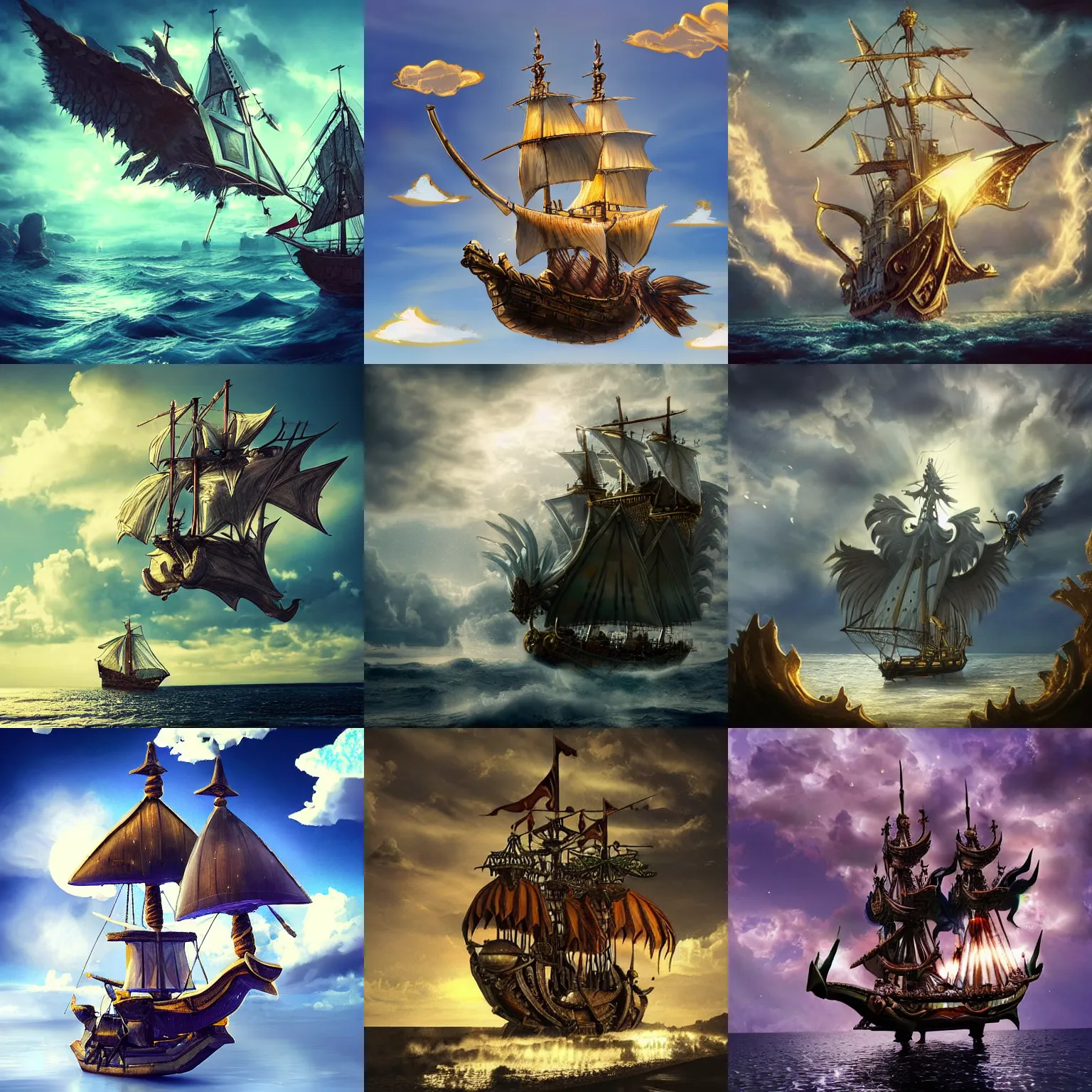Prompt: a magic galleon with wings flying in the sky, epic, fantasy, dramatic lighting