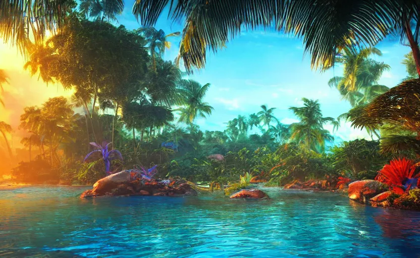 Prompt: a tropical resort in a jungle paradise, with a beautiful red and blue sunset, dynamic lighting, photorealistic fantasy concept art, trending on art station, stunning visuals, creative, cinematic, ultra detailed, ray tracing, sun rays, native tribes, wonderous waters, amazing detail