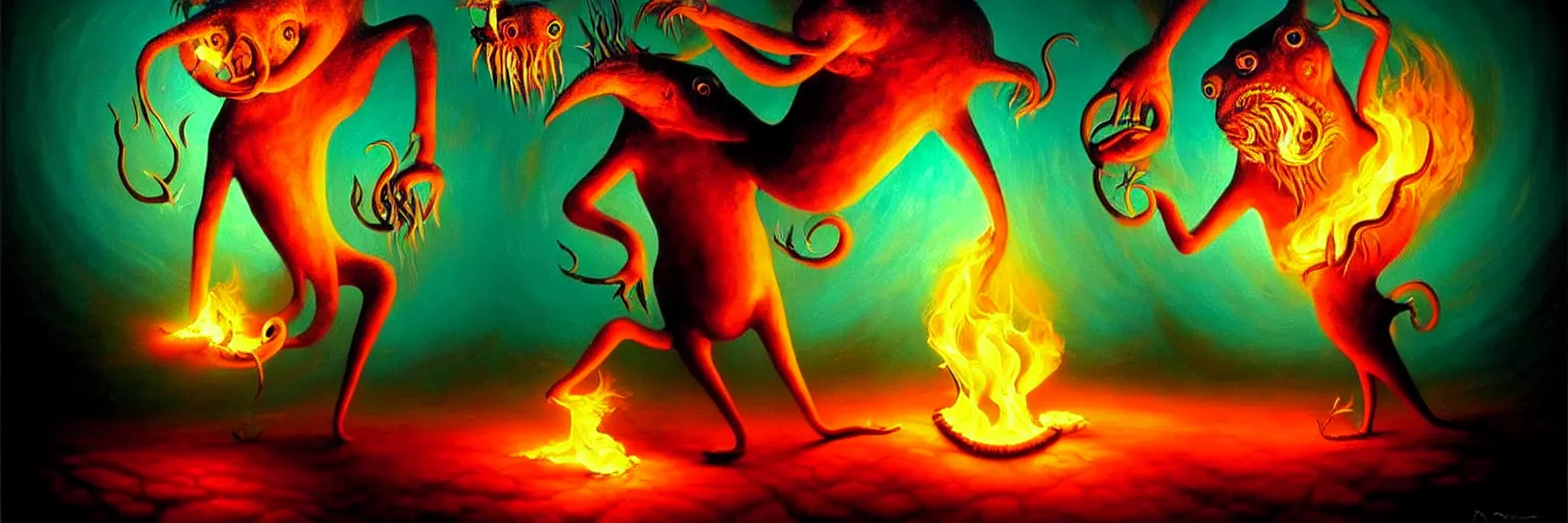 Image similar to whimsical creature freaks from the depths of the collective unconsciouis, dramatic lighting from fire glow, surreal darkly colorful painting by ronny khalil