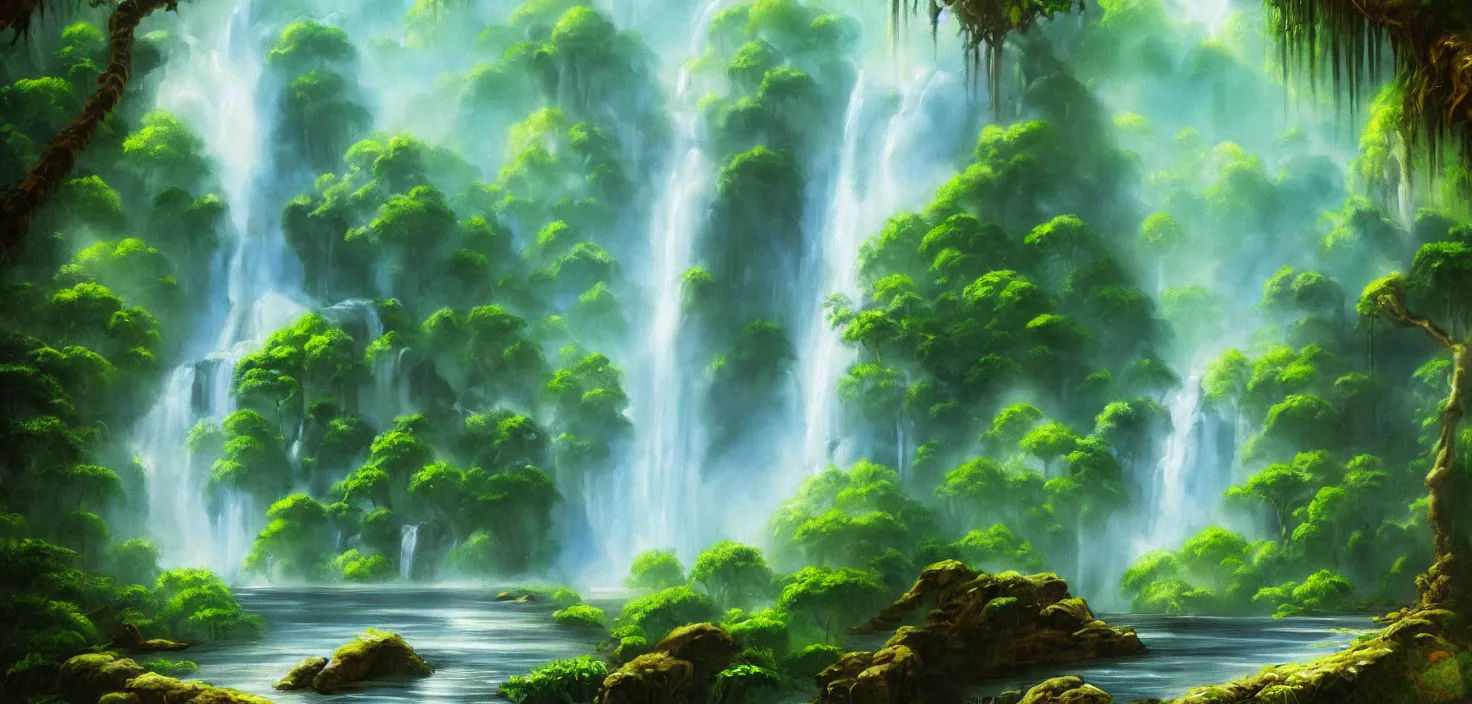 Image similar to a painting of a waterfall in the jungle, a detailed matte painting by bob ross, deviantart, fantasy art, matte painting, detailed painting, 2 d game art