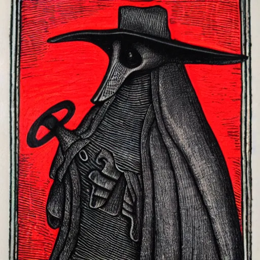 Image similar to etching of a plague doctor, black and red