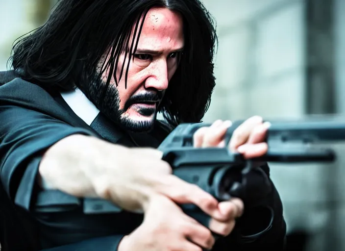 Image similar to genderswapped john wick, award winning shot, close up, action movie