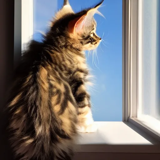 Image similar to view from the back of a backlit maine coon kitten gazing out a sunny window on a warm day. outside there are pretty flowers.