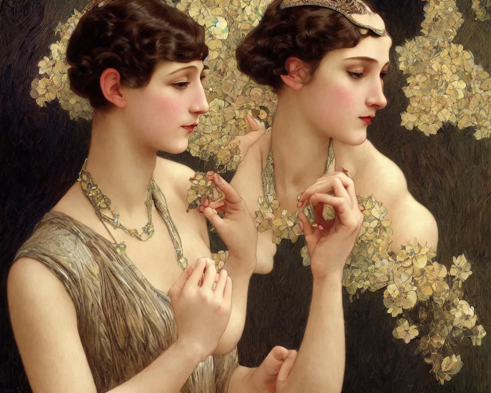 Image similar to portrait beautiful flapper girl, intricate, elegant, highly detailed, 1 9 2 0's style speakeasy, digital painting, artstation, concept art, smooth, sharp focus, illustration, art by artgerm and greg rutkowski and alphonse mucha and william - adolphe bouguereau