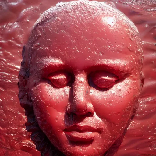 Image similar to a giant human head sculpture in the sea made out of eatable red jelly, in the style of chad knight, long shot, hyper detailed, hyper realistic, ray tracing, 8 k resolution, sharp focus, realistic water, award winning